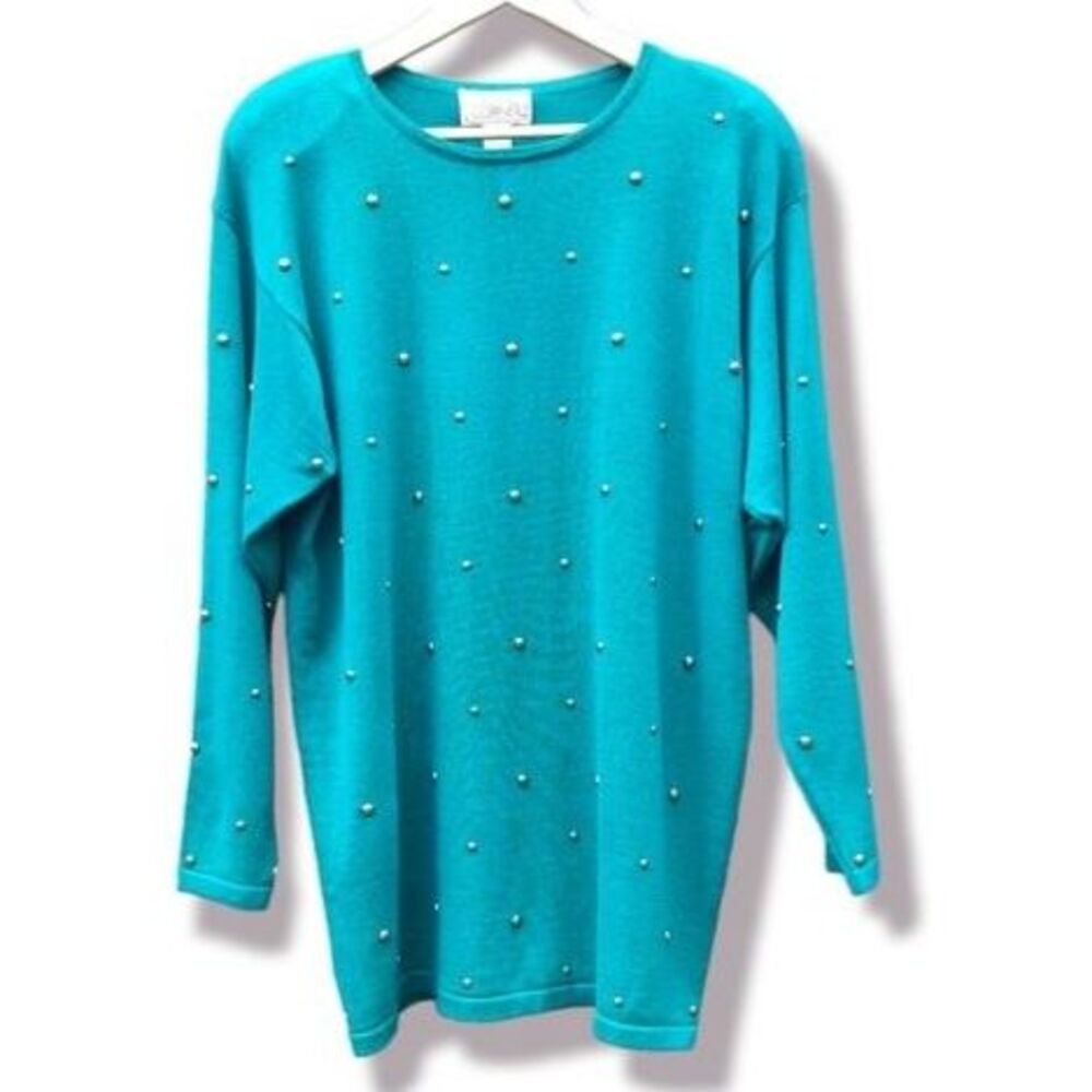 Vtg Casual Corner Metallic Studs Sweater Shoulder Pads Green 80s 90s Large